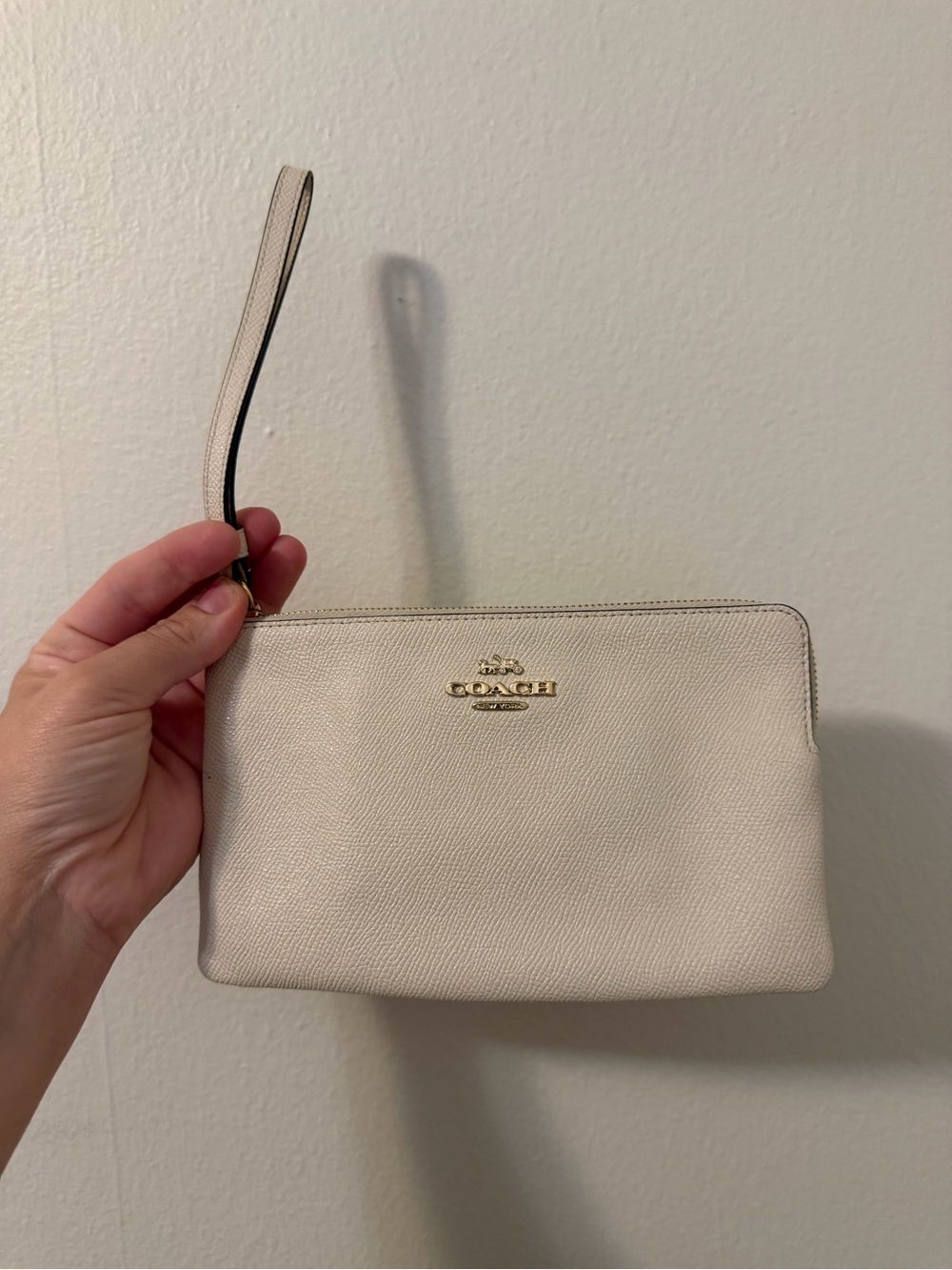 COACH Pebbled Leather Wristlet in Cream with Gold Hardware